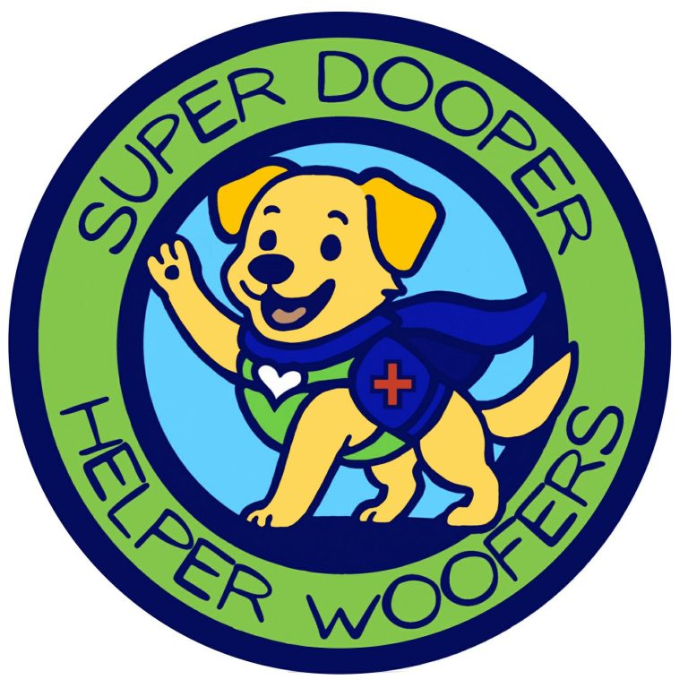 Logo Ein glücklicher Hund in einem Assistenzhunde-Cape und weißen Herz auf der Brust, der mit einer Pfote winkt, umgeben von einem grünen Kreis.